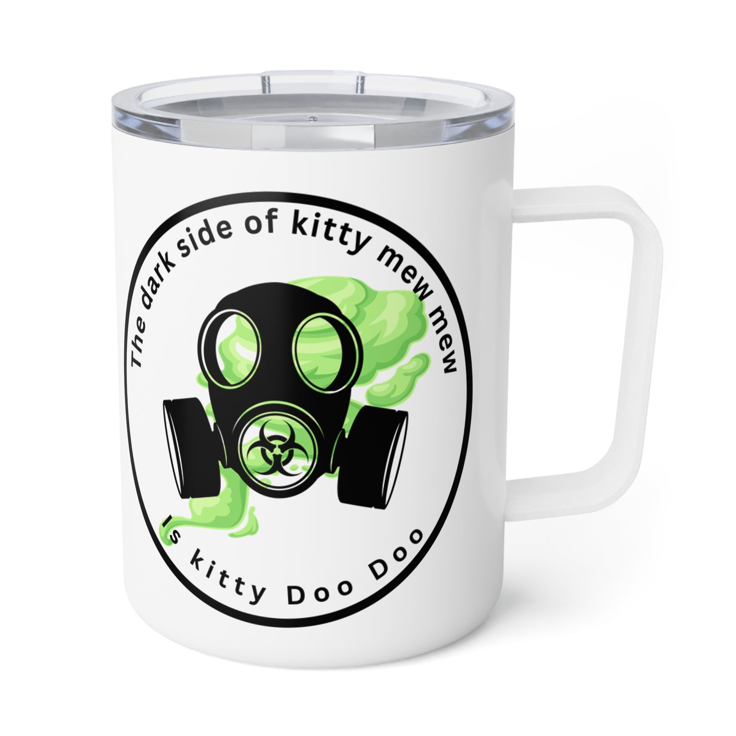 Insulated Coffee Mug — 'The Dark Side of the Kitty' Cute Green Cat Space Design, 10oz Travel Tumbler