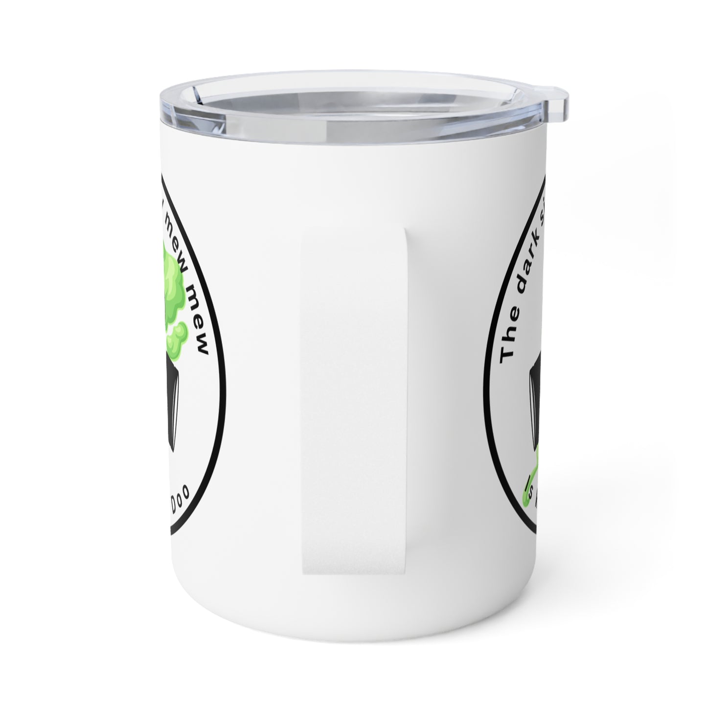 Insulated Coffee Mug — 'The Dark Side of the Kitty' Cute Green Cat Space Design, 10oz Travel Tumbler