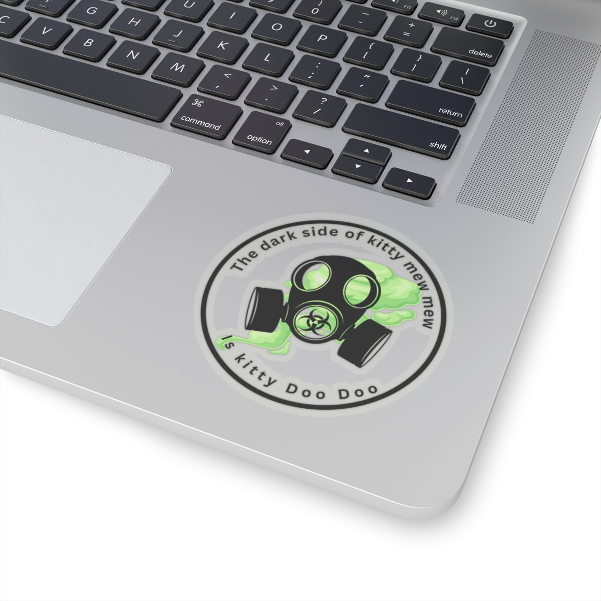 Gas Mask Cat Sticker — “The dark side of kitty mew mew is kitty Doo Doo” Kiss-Cut Vinyl Decal