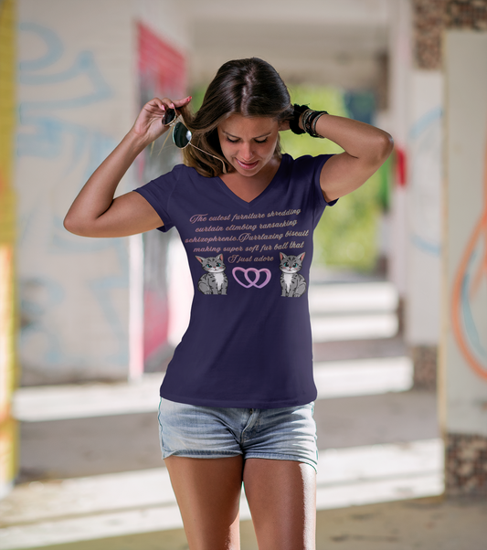 Cat Mom V-Neck Tee — 'The retired feminine shredding' Cute Cat Couple Graphic