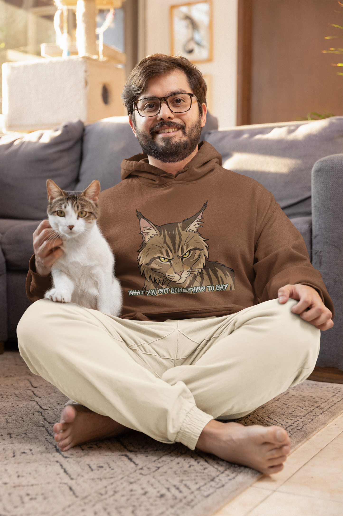 Cat Face Hoodie — “What Wouldn’t Something Be, Right?” Graphic Pullover for Cat Lovers
