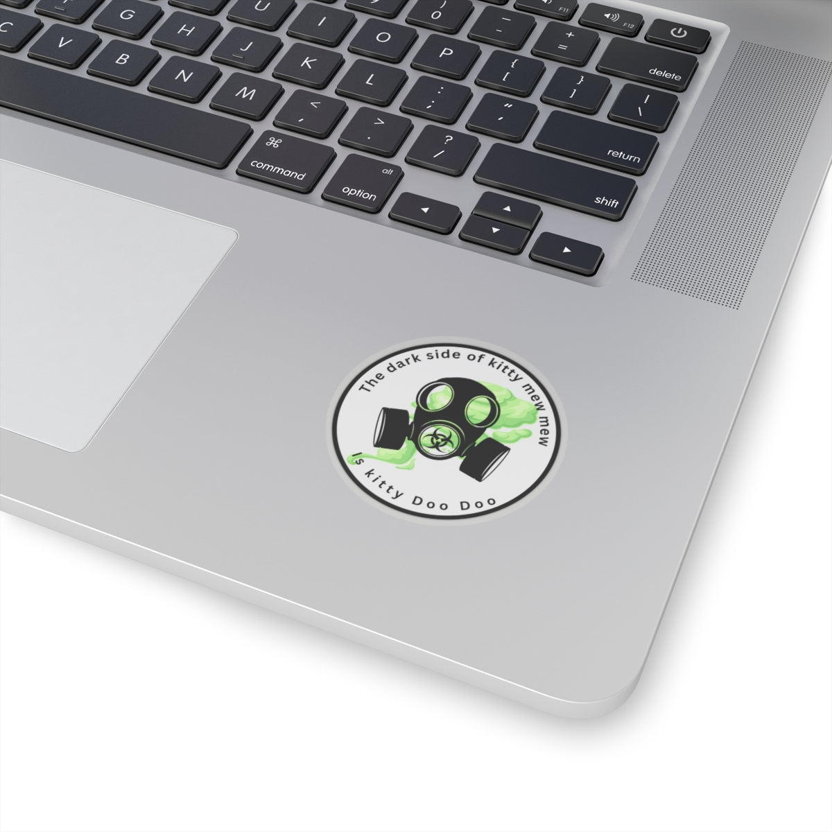 Kiss-Cut Sticker — "The Dark Side of Kitty Mew Mew is Kitty Doo Doo" Gas Mask Cat Design