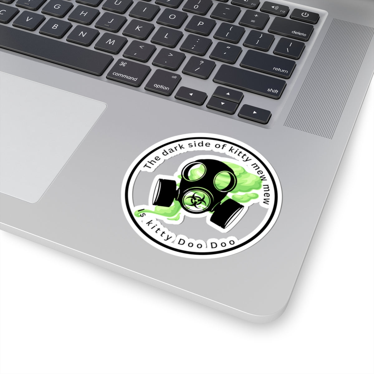 Gas Mask Cat Sticker — “The dark side of kitty mew mew is kitty Doo Doo” Kiss-Cut Vinyl Decal