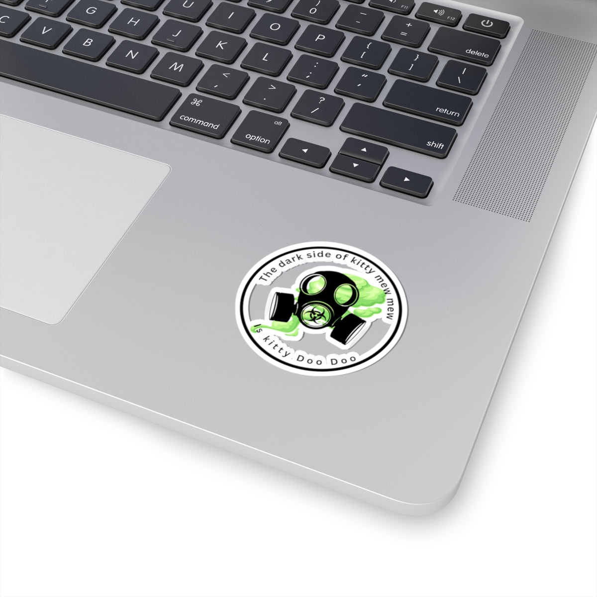 Gas Mask Cat Sticker — “The dark side of kitty mew mew is kitty Doo Doo” Kiss-Cut Vinyl Decal