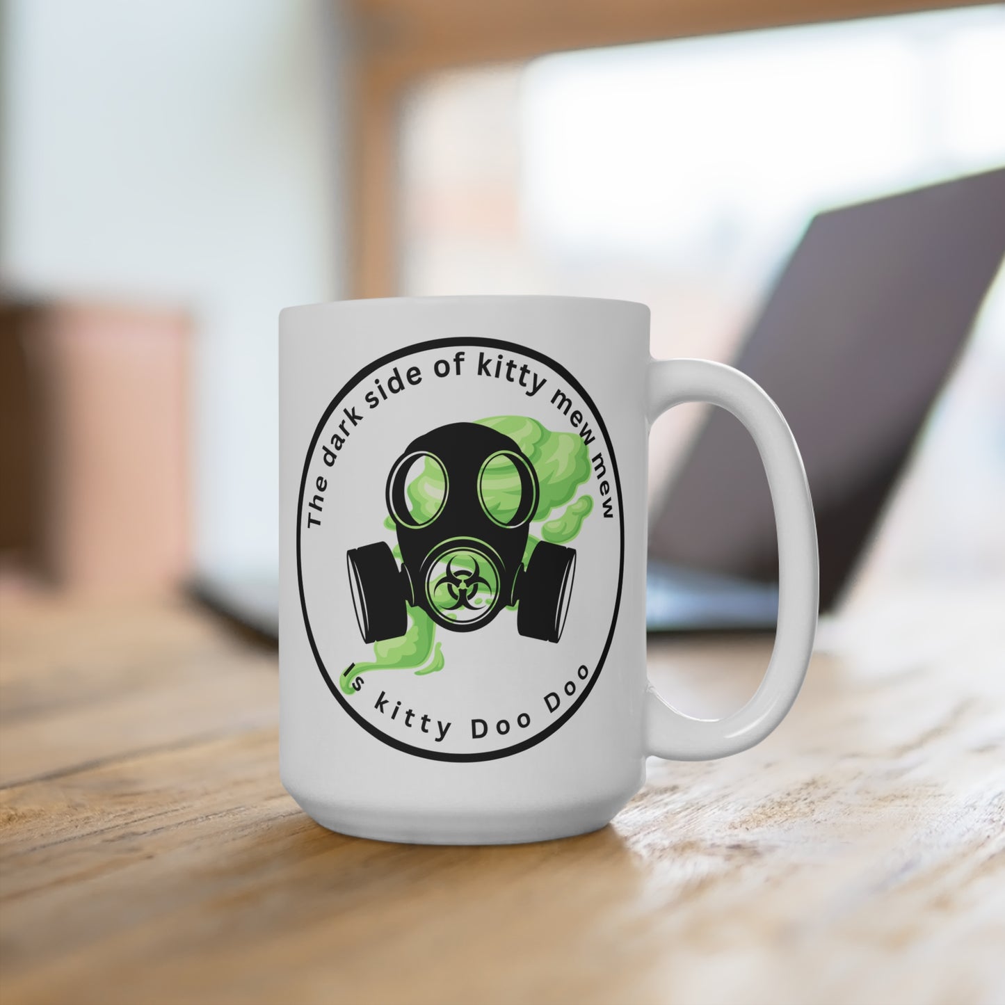 15oz Ceramic Mug — "The Dark Side of Kitty Mew Mew" Gas Mask Cat Design