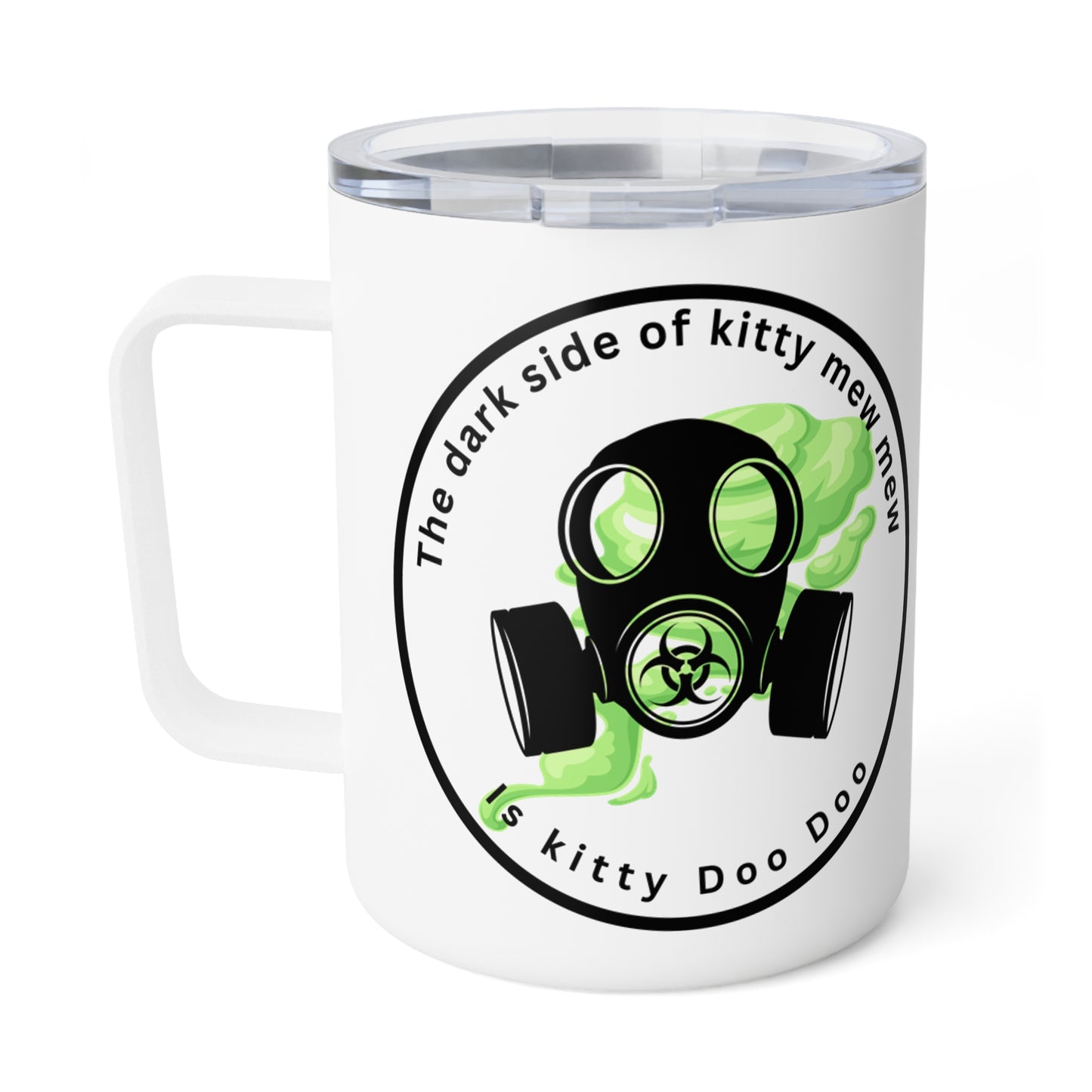 Insulated Coffee Mug — 'The Dark Side of the Kitty' Cute Green Cat Space Design, 10oz Travel Tumbler